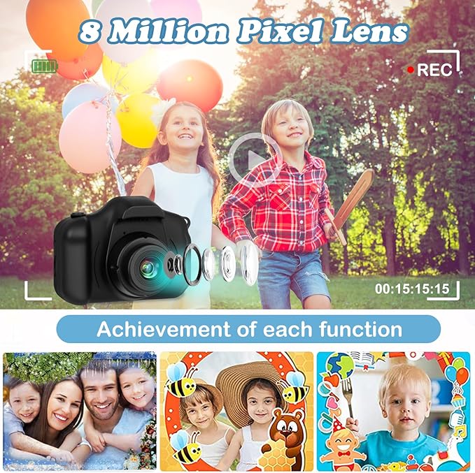Kids Camera,HD Digital Video Camera,Childrens Toys for 3 4 5 6 7 8 9 Year Old Boys/Girls,Selfie Camera for Kids,Christmas Birthday Gifts with 32GB SD Card (Black)