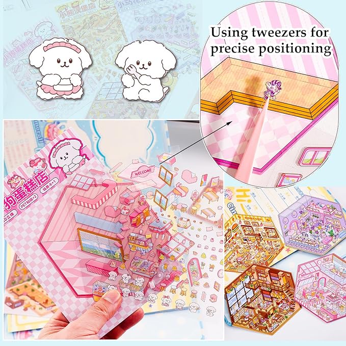 4 Sets DIY 3D House Sticker Make Your Own Mini Flower Shop, Bookstore, Cake Shop, Burger Shop Scenes Stickers for Kids Cartoon Scene Stickers for Adult Relief Stress Pass The Time