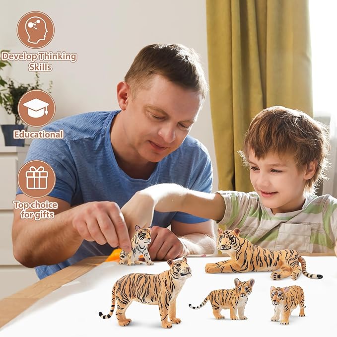 Toymany 6PCS Realistic Tigers Figurines with Tiger Cubs, 2-6" Jungle Animals Figures Family Set, Educational Toy Cake Toppers Christmas Birthday Gift for Kids Toddlers