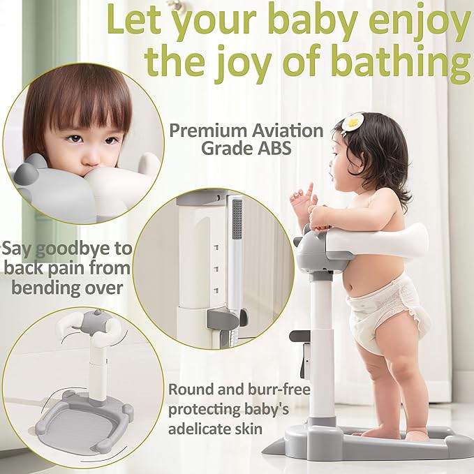 Baby Shower Stand, Baby Standing Bath with Anti-Pinch Adjustable Height and Armrest, Shower Standing Support with Anti-Slip Base and Mat for Infants 6-36 Months -Grey