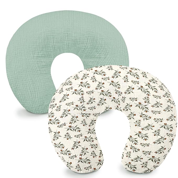 Hooyax Muslin Nursing Pillow Covers 2 Pack, Soft and Breathable Nursing Covers for Breastfeeding Pillows, Adorable Infant Feeding Pillow slipcover for Baby Boy and Girls (Green Leaf)