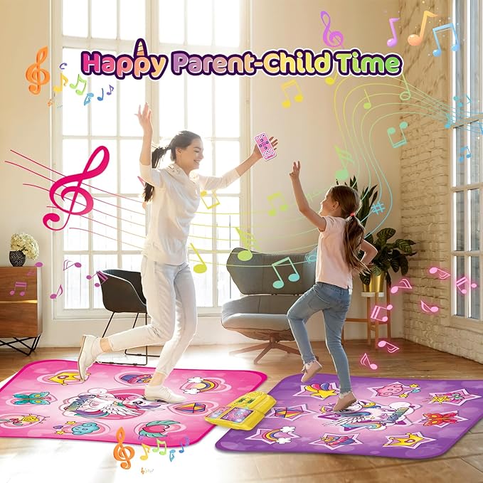 VATOS Double Dance Mat for Girls - 4 Game Modes & 9 Challenge Levels with Adjustable Volume, Led Light & Wireless Bluetooth | Music Play Mat Birthday Gifts Toys for Kids Ages 3 4 5 6 7 8 9+ Years Olds