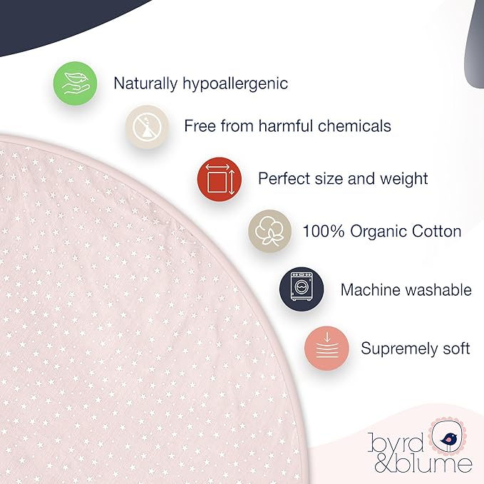 Byrd & Blume Round Baby Play Mat, Organic Cotton Soft Padded Nursery Floor Mat, Safe Hypoallergenic Baby Mat, Reversible, Foldable, Portable Infant Tummy Time Mat Fits Tents & Playpens (40"x40") Pink