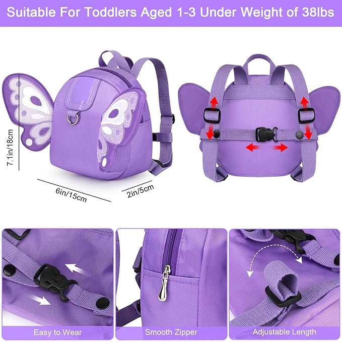 Accmor Toddler Harness Backpack Leash, Cute Butterfly Kid Backpacks with Anti Lost Wrist Link, Mini Child Backpack Harness Leashes Walking Wristband Travel Bag Harness Rein for Baby Girls (Purple)