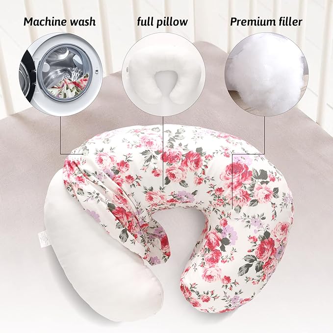 LAT Nursing Pillow for Breastfeeding,100% Cotton Removable Cover,Ergonomic Breast Feeding Pillows for Mom and Baby,Machine Washable(Flower)