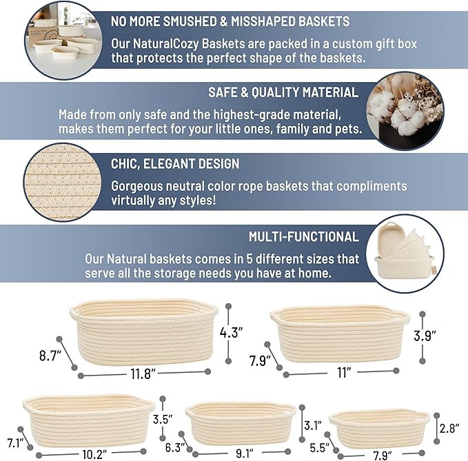 NaturalCozy 5-Piece Rectangle Storage Basket Set- Natural Cotton Rope Woven Baskets for Organizing! Small Basket for Montessori, Baby Nursery, Dog Toy Baskets, Cat Toy Box, Bathroom Organization Bin