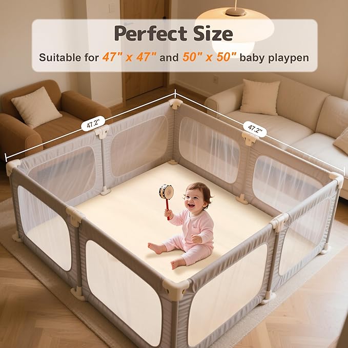 Baby Play Mat 47x47 Inches, Extra Thick 1.2" Foam Floor Mat for Tummy Time & Crawling, Waterproof Non-Slip Faux Leather Playpen Mat for Infants Toddlers, Indoor Outdoor Gym Activity, Beige