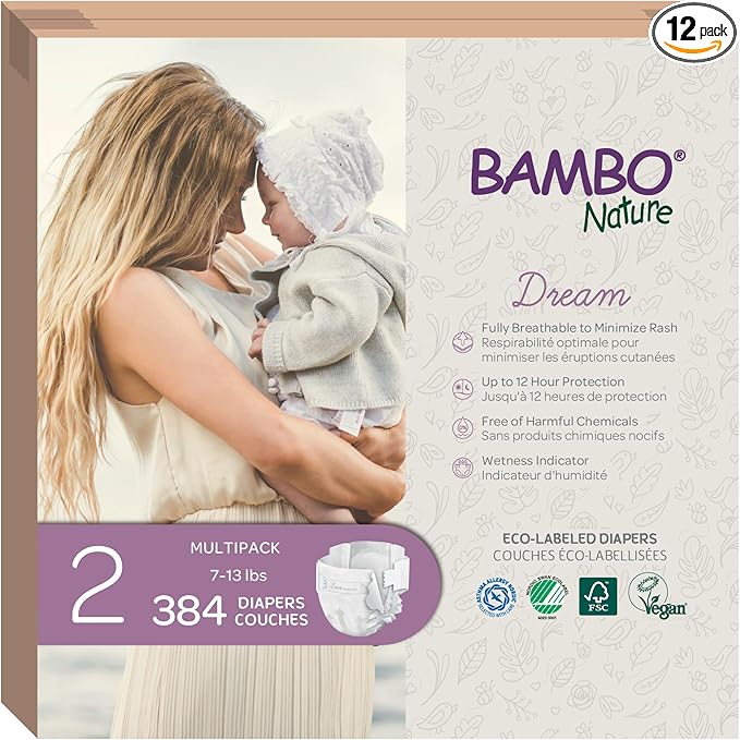 Bambo Nature Hypoallergenic Dream Baby Diapers, Premium Eco-Labeled Sustainable Diapers, Enhanced Leakage Protection, Totally Chlorine-free, Skin Friendly, and Super Absorbent - Size 2 (384 Count)