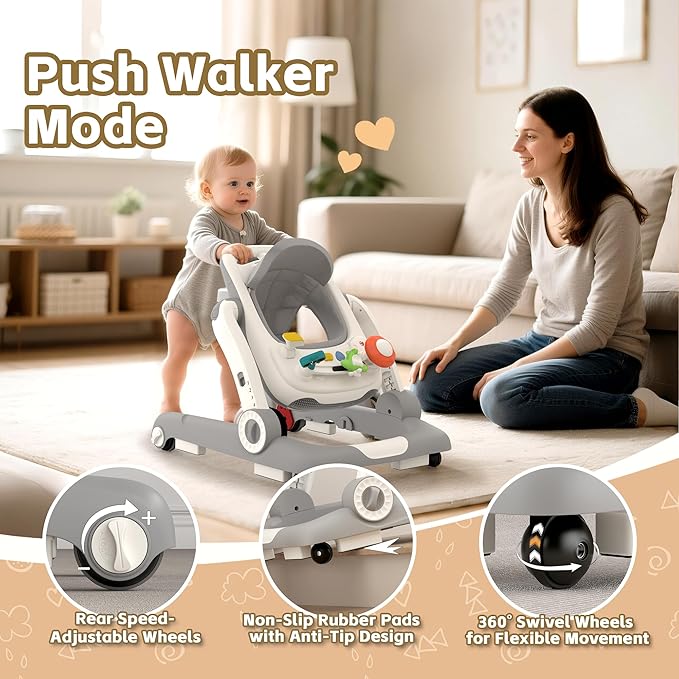 Baby Walker with Wheels, 5 in 1 Walker for Baby Boy Girl with Bouncer, Music and Lights Baby Jumper Activity Center, Adjustable Height, Push Walker for Ages 7-18 Months Toddler (Gray)