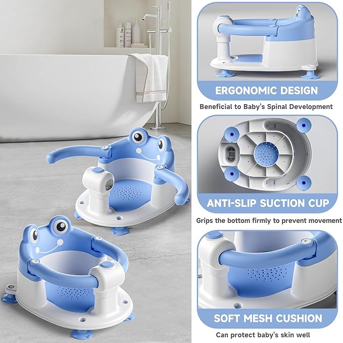 Baby Bath Seat for Babies 6 Months & Up - Toddler Bath Seats for Baby Sitting Up with 4 Suction Cups & Soft Cushion, Non-Slip Infants Shower Bathtub Chair for Newborn Boys, Blue