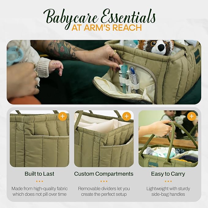 Large Diaper Caddy Organizer with Handle Neutral Boy Girl – Baby Basket for Nursery, Car, Changing Table – Portable Baby Storage with Compartments – Perfect for New Parents and Baby Shower Gifts