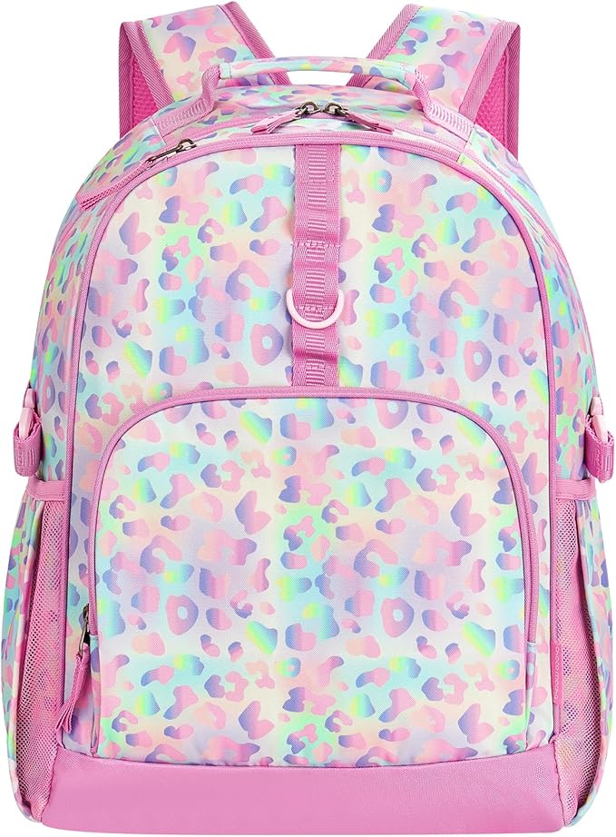 Choco Mocha Cheetah Backpack for Girls, Elementary School Backpack for Girls Ages 6-8 Kids Kindergarten Backpack Bookbag 17 Inch with Chest Strap, Pink Purple