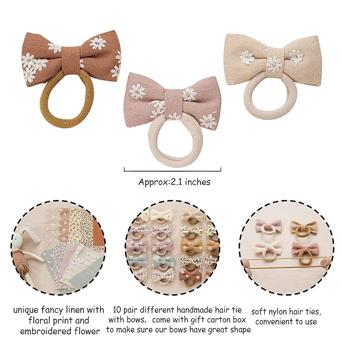 Baby Toddler Girls Hair Ties with Linen Bows Embroidered Flower,20 pcs No Damage Elastic Nylon Hair Bands Ponytail Holders,Small Hair Accessories Gifts for Girls Kids Children Thick Thin Hair