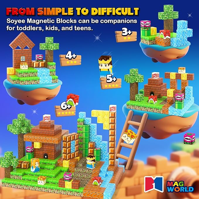 Soyee Magnetic Blocks 100PCS Magnetic Building Blocks Cubes Kids Boys Girls Toys for Ages 3-5 5-7 8-10 STEM Sensory Learning Building Magnet Toys 3-12 Year Old Girls Boys Birthday Gift