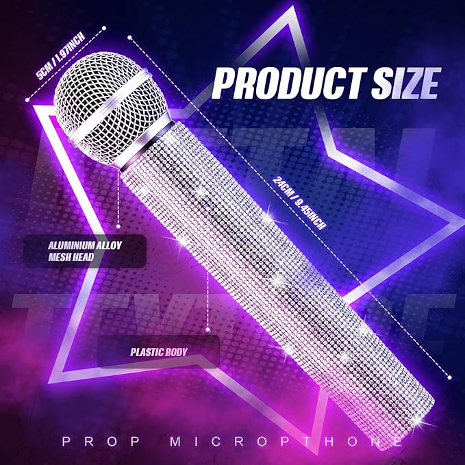 Sanwuta Fake Microphone Prop Sparkly Bling Rhinestones Plastic Play Microphone Pretend Glitter Bedazzled Mic for Cosplay Party Costume(Silver)