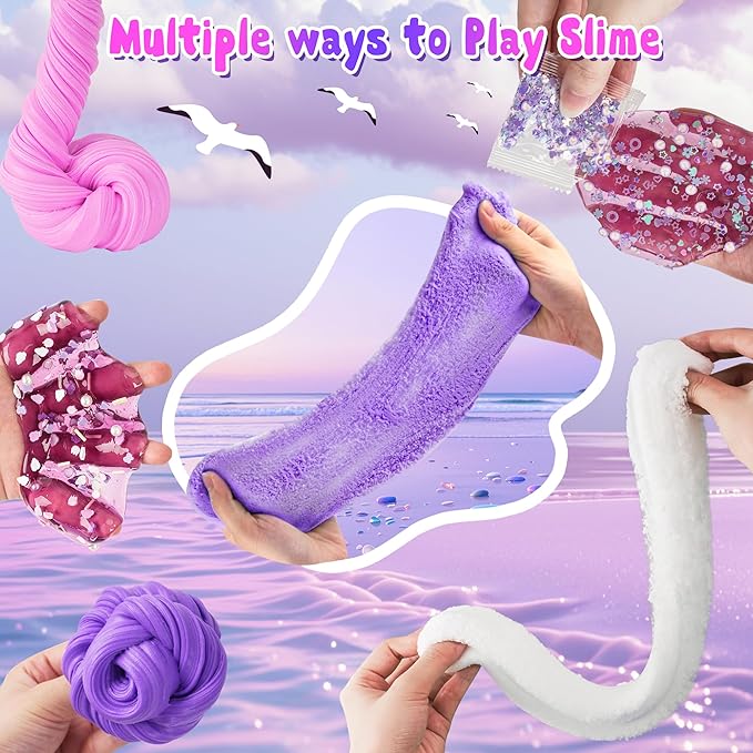 LAWOHO 6 Packs Gradient Purple Slime Kit - Cloud, Butter & Clear Slimes, Crunchy Slimes Kits for Kids with Beach Charms & Add-ins, Party Favors for Girls & Boys, 360ml Soft Non Stick Slime Making Kit