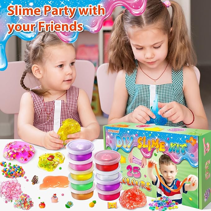 YOPINSAND 25 Cups DIY Slime Kit, Slime Making Kit for Girls, Crystal Clear Slime, Glow in The Dark Slime with Add-ins, Foam Balls, Charms, Slime Party Favors Gift Toys for Kids 3-12