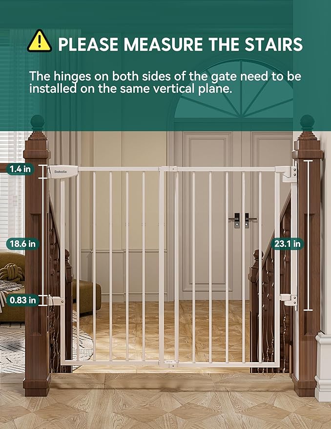 Babelio 34" Tall No Bottom Bar Baby/Dog Gate for Stairs, House and Doorways, 29.7-46.5" Auto Close Safety Pet Gates with Large Walk Thru Door, Hardware Mount, White