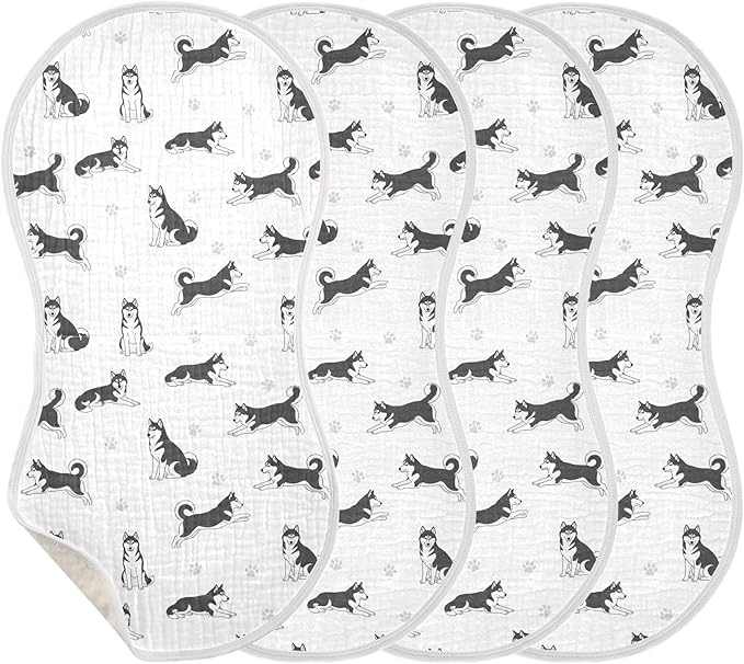 4 Pack Muslin Burp Cloths Husky Dogs White Cotton Baby Burp Cloths Absorbent Burping Cloth Soft Spit Up Rags for Newborn Baby Boys Girls 22x11 Inch