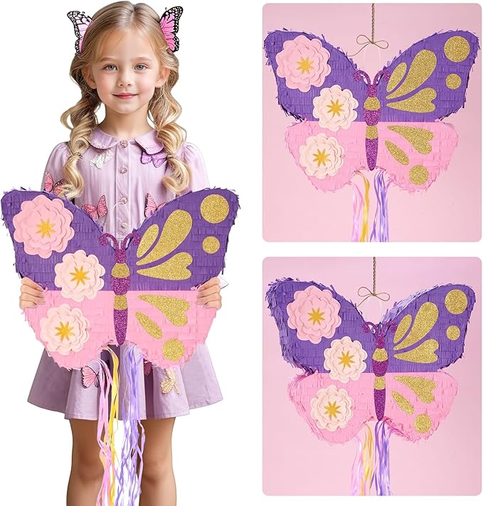 WERNNSAI Butterfly Piñata - Butterfly Birthday Party Supplies Pinata with Stick and Blindfold for Girls Kids Pull String Piñata Family Games Classroom Birthday Party Decorations 16.4” x 12.4”