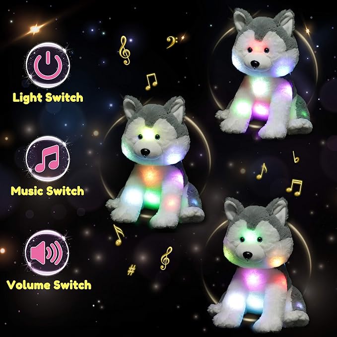 Hopearl LED Musical Stuffed Husky Lighting Up Singing Plush Dog Adjustable Volume Lullaby Animated Soothe Birthday Festival for Kids Toddler Girls, Gray, 12''