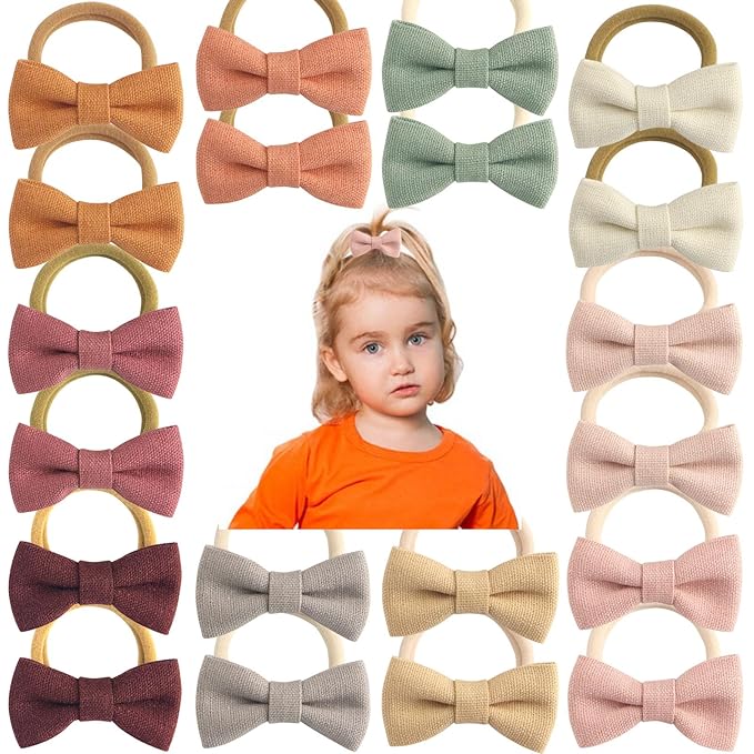 24-Pack Multicolor Linen Bow Hair Ties for Toddler & Infant Girls - Gentle No-Damage Elastic Ponytail Holders