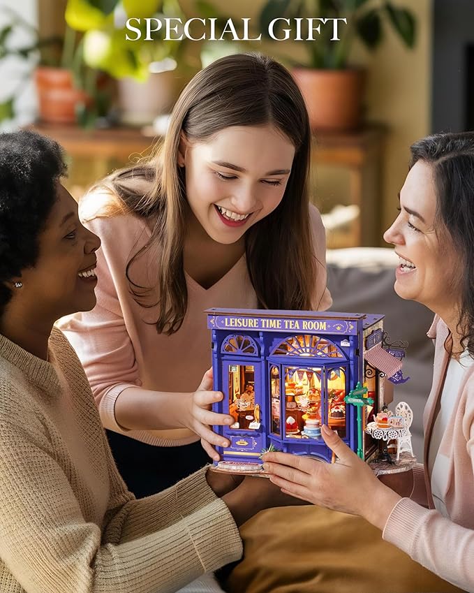 Rolife DIY Miniature House Kit Leisure Tea Time, 3D Book Nook Openable Bookshelf Decor for Adults, Mini Model House Kits, DIY Crafts Kit Halloween for Adults (Leisure Tea Time)