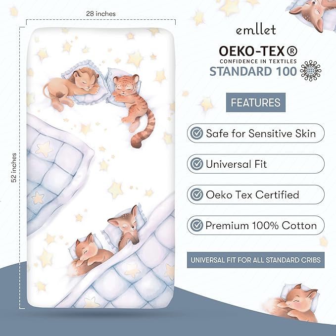 100% Cotton Fitted Crib Sheet, Woodland Dreams Sleeping Animal Pattern, Fox Fawn Lion Tiger, Standard 52 x 28 in Crib Mattress Fit