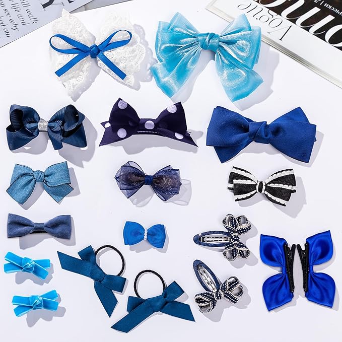 18pcs Blue Hair Bows for Girls,Toddlers,Teens,Women.Fully Lined Alligator Hair Clips,Cute Hair Ties,Non-slip Snap Hairpins,Handmade Hair Accessories Gift Set