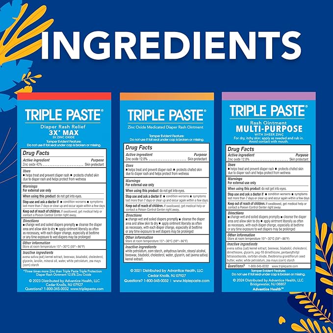 Triple Paste Gift Bundle: Diaper Rash Cream Ointment, 3X Max Strength, Multi-Purpose, 2oz Trio Kit
