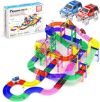 PicassoTiles 100pc Magnetic Tiles Race Track Building Set with LED Cars Adjustable Roads and Signs STEM Construction Toy Kit for Kids Educational Learning Toy for Boys and Girls Ages 3 and Up PTR100