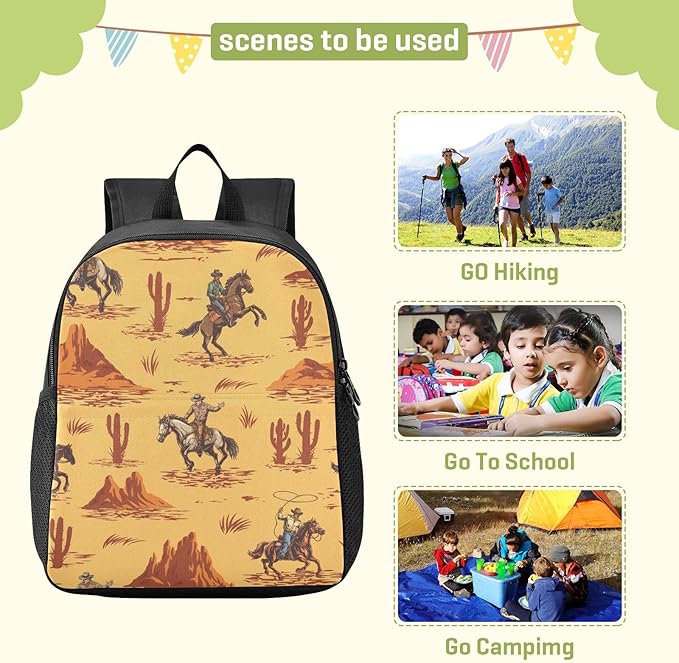 Toddler Backpack Western Desert Cowboy Waterproof Mini Backpack Boys/Girls Cute Kindergarten Pre School Bags 11 Inch
