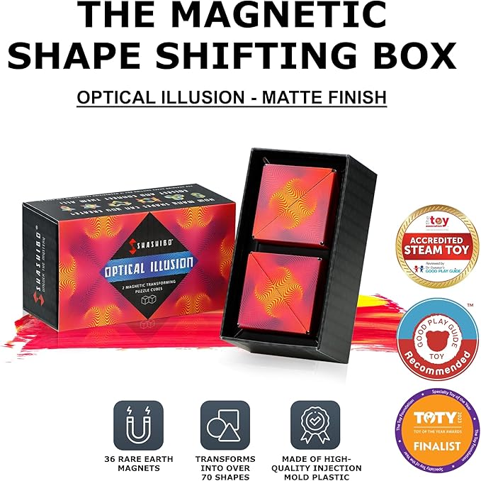 SHASHIBO Shape Shifting Box - Award-Winning, Patented Fidget Cube w/ 36 Rare Earth Magnets - Transforms Into Over 70 Shapes, Gift Box, Download Fun in Motion Toys Mobile App (Optical Illusion, 2 pack)