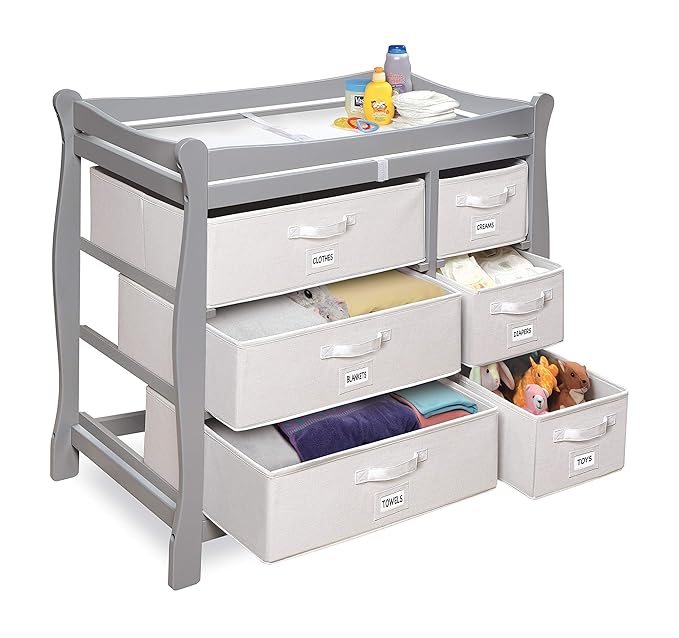 Badger Basket Sleigh Style Baby Changing Table - Diaper Station with 6 Removable Storage Baskets, Safety Rails, Pad, and Belt - Nursery Organizer - Cool Gray