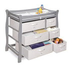 Badger Basket Sleigh Style Baby Changing Table - Diaper Station with 6 Removable Storage Baskets, Safety Rails, Pad, and Belt - Nursery Organizer - Gray/White
