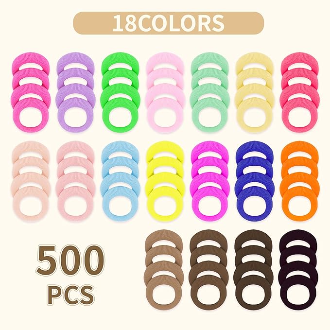 TaShow 500 Count Baby Hair Ties for Infants, Mixed Color, Soft Elastic Ponytail Holders for Toddler Girls, Cotton Baby Girl Hair Ties, 18 Colors