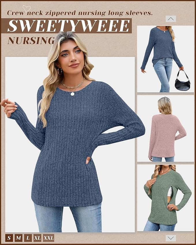 3 Pack Women's Nursing Long Sleeve Tops Breastfeeding Thermal Sweaters with Hidden Zipper Maternity Ribbed Shirts