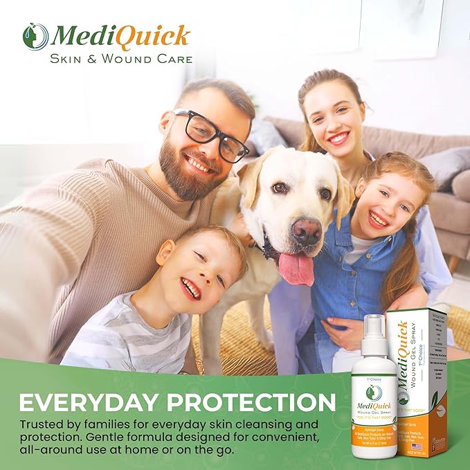 MediQuick Skin & Wound Repair First Aid Spray Gel 4 Fl Oz - Antiseptic Spray for Burns & Cuts with 12 Hour Action - Helps Heal Acne Rash Eczema Itch Bites & More - Safe Wound Wash with No Sting