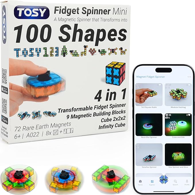 TOSY Magnet Fidget Spinner Mini - 8 Blocks, 3 in 1 Toy: Transformable Fidget Spinner, Infinity Cube, 2x2 Puzzle Cube, Stress Relief, STEM Sensory Magnet Tiles Birthday Gift for Kids/Boys/Girls/Adults