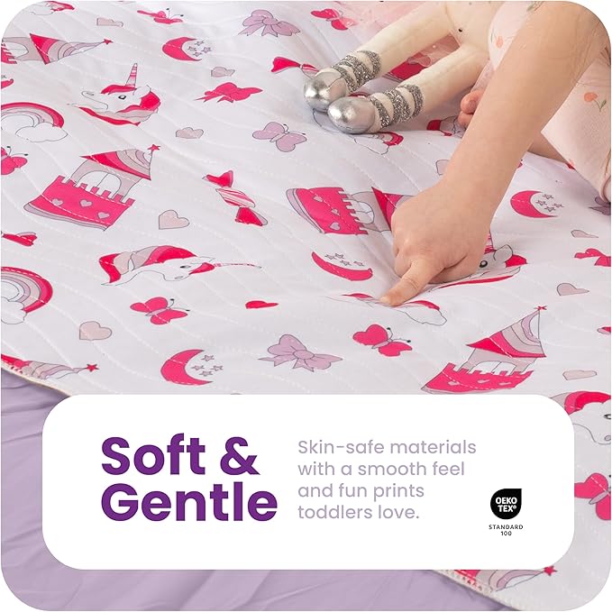 IMPROVIA® Toddler Bed Wetting Pad – 2 Pack 34x36 Waterproof Mattress Protector with Tuckable Wings – Ultra Absorbent, Non-Slip Washable Underpad for Kids & Potty Training – Unicorn Design (Unicorn)