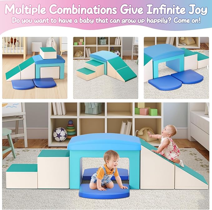 SURPCOS Foam Climbing Blocks for Toddlers - Soft Play Set for Toddlers 1-3 - Climbing Toys - Baby Climbing Gym Foam - with Slide Stairs and Tunnel - Great for All Ages (6 Pc Blue Soft Play Area Set)