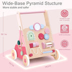 PairPear Wooden Baby Walker Push and Pull Learning Activity Walker, 8-in-1 Montessori Busy Board Push Walker Wooden Activity Center Toys for Boys and Girls 12m+ （Pink Rabbit）