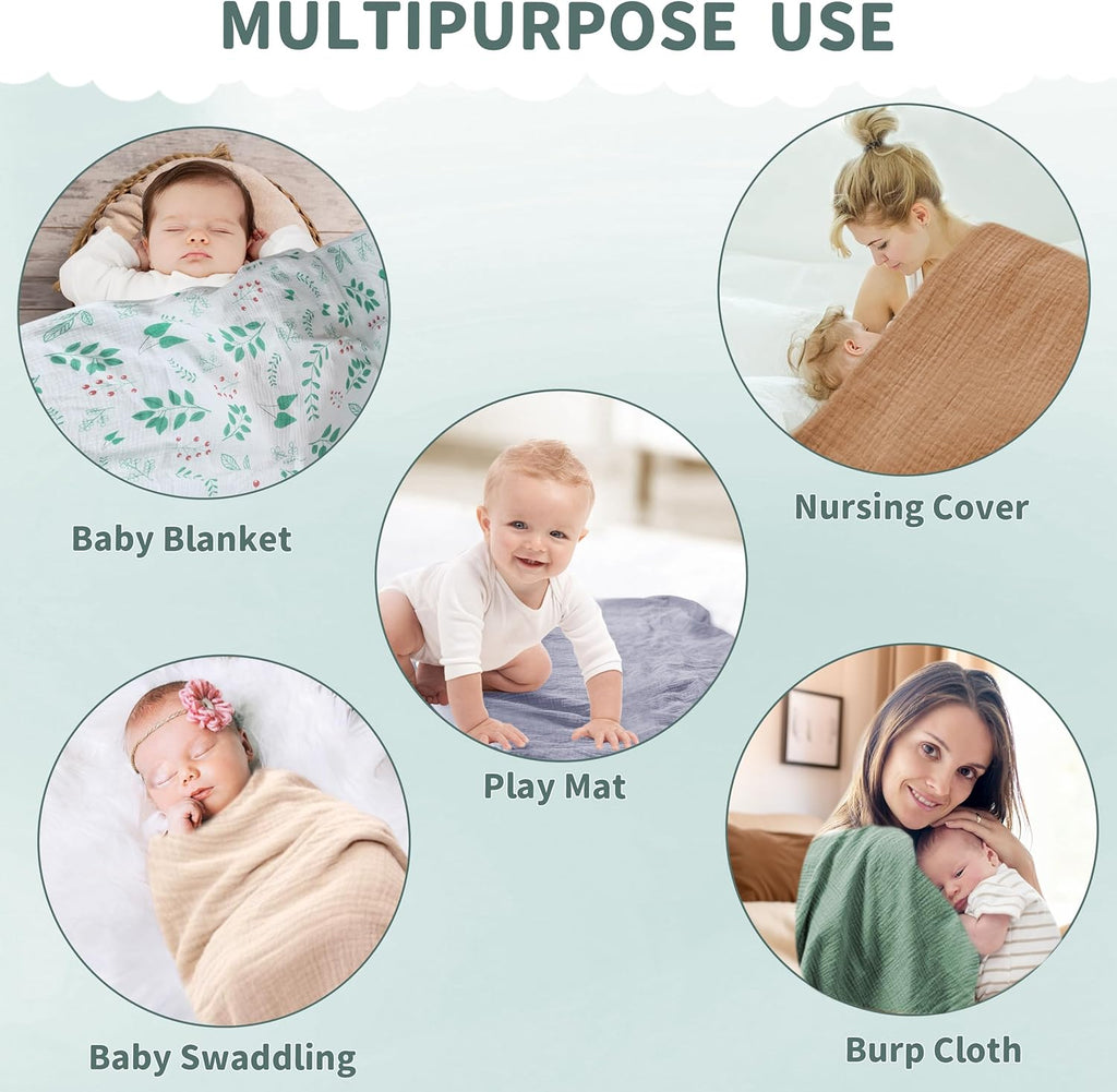 Muslin Swaddle Blankets for Newborn, 2 Pack Breathable Soft Receiving Blanket, Large 41 x 41 inches Swaddle Wrap Burping Clothes, Essentials Infant Shower Items. (Green & Leaves)