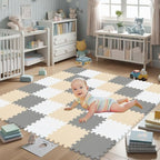 qqpp EVA Rubber 18 Tiles Interlocking Puzzle Foam Floor Mats - Baby Play Mat for Playing | Exercise Mat for Home Workout. White, Beige, Gray. QC-AJLb18N
