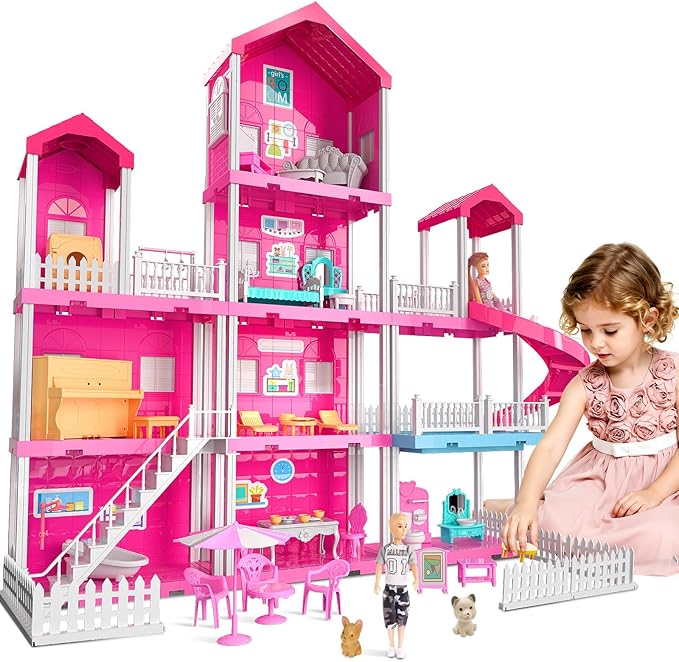 Pink Girl House Playset for Kids 3 4 5 6 7 8 Years Old - Villa Girl Toys with 4 Storeys 10-Room and 2 Dolls, Furniture Accessories, Pretend Play Indoor Toddler Toys Birthday Gifts for 3-5 6-8