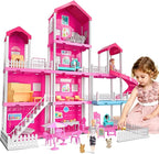 Pink Girl House Playset for Kids 3 4 5 6 7 8 Years Old - Villa Girl Toys with 4 Storeys 10-Room and 2 Dolls, Furniture Accessories, Pretend Play Indoor Toddler Toys Birthday Gifts for 3-5 6-8