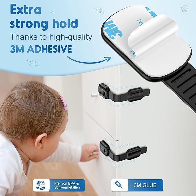 10 Pack Cabinet Locks Baby Proofing, SOGUDE Child Proof Cabinet Locks with 3M Adhesive Child Safety Locks for Refrigerator, Doors, Drawer Locks No Drilling, Cabinet Locks for Babies- Black
