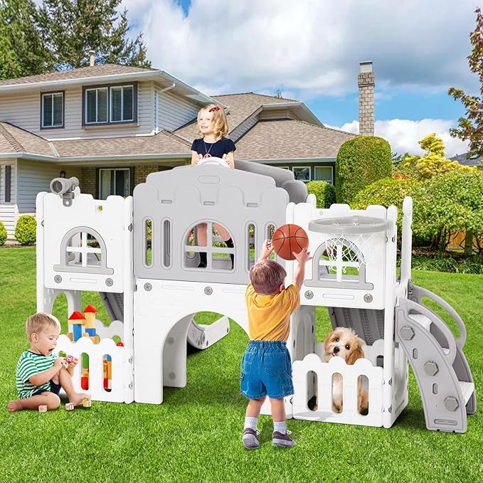 JOYLDIAS 9 in 1 Toddler Slide, Toddler Playground with Double Slides, Climber,Basketball Hoop,Tunnel, Telescope, Storage Space and Non-Slip Step, Indoor Outdoor Backyard Playset for Toddlers Age 1-3+