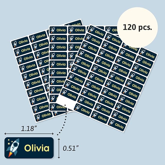 Personalized Name Labels for Kids (120) – Custom Waterproof & Durable Stickers for Clothing, Daycare, Office & School Supplies - Space