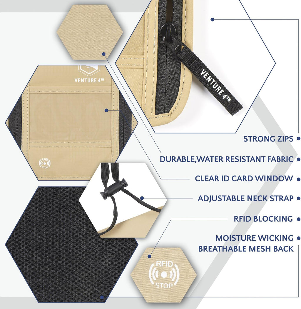 VENTURE 4TH Passport Holder Neck Wallet with RFID Blocking Nylon Lining - Hidden Neck Pouch for Travel (Beige)